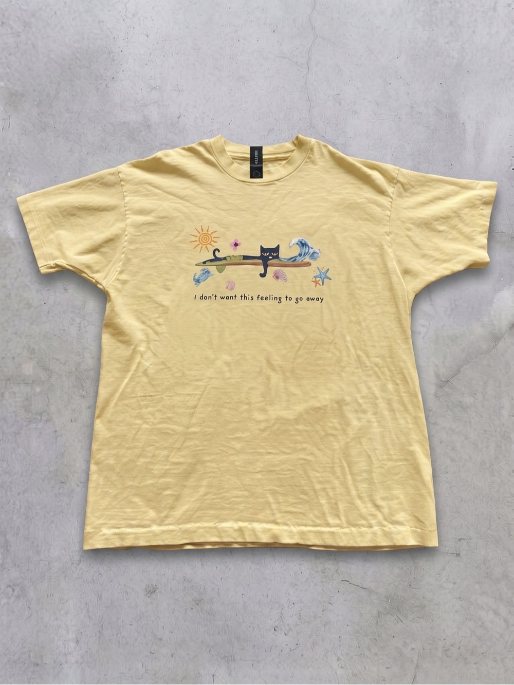 Cute Black Cat Surfing Beach Graphic Tee - Gildan Yellow T-Shirt